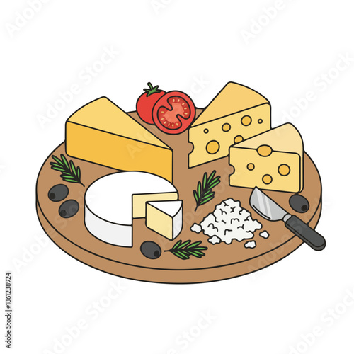 Cheese board platter with variety of cheeses grapes crackers and tomatoes for gourmet appetizer illustration vector top view