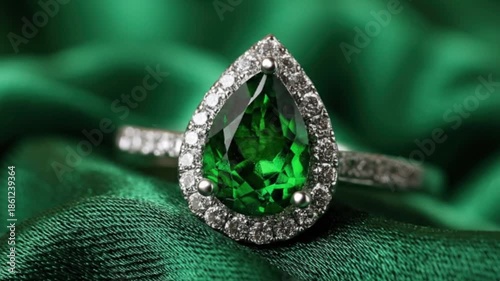 A captivating close-up highlights an exquisite, pear-shaped green gemstone ring, prominently displaying its brilliant facets. The central stone is encircled by a dazzling halo of sparkling clear gems,