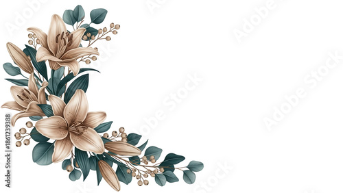 Luxury botanical corner element with lilies and eucalyptus in deep teal and beige isolated on white background