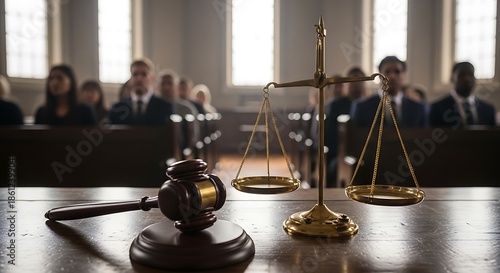 Justice in Focus - Gavel and Scales in Courtroom Setting.