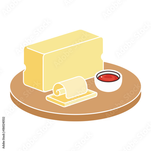 Block of butter on wooden board with sauce for cooking ingredient and dairy product illustration vector simple minimal
