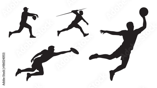 Black Silhouettes of Men Playing Basketball, Baseball, Soccer and and Fencing on White Background
