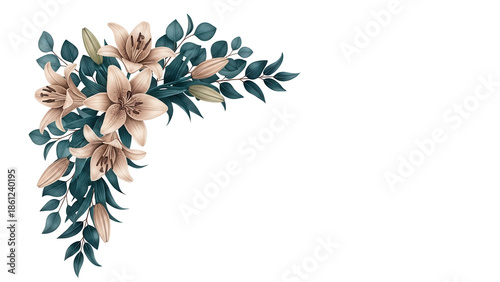 Luxury botanical corner element with lilies and eucalyptus in deep teal and beige isolated on white background
