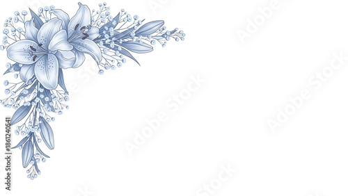 Soft luxury botanical corner border featuring lilies and baby's breath in pastel blue isolated on white background