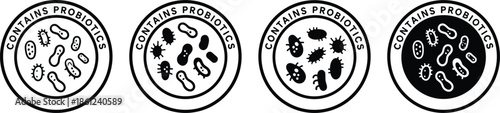 Circular Vector Icon Set Featuring Various Probiotic Bacteria Cultures and Microorganisms with Clear Contains Probiotics Text Labeling