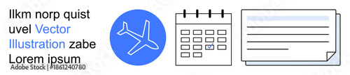 Travel planning, flight booking, scheduling, organization tools, aviation, business management. Airplane icon, calendar graphic document illustration. Travel planning and flight booking concept