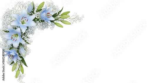 Soft luxury botanical corner border featuring lilies and baby's breath in pastel blue isolated on white background