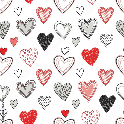 Hand drawn hearts in red black and white on white background