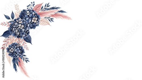 Luxury hand painted floral corner design with hydrangeas and pampas grass in navy and blush pink isolated on white background