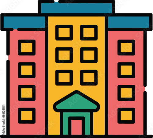 Vibrant Flat Design Building Icon with Colorful Facade and Green Entranceway Vector Graphic Illustration