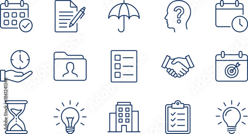 Blue Line Icons Set of Business Planning, Calendar, Time Management, Handshake, Ideas, Folder, Checklist, Hourglass, Umbrella, and Office Productivity Essentials