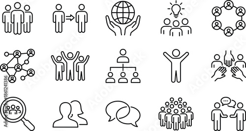 Business teamwork icons set featuring social networking, human resources, group collaboration, leadership, global community, creative brainstorming, recruitment, communication