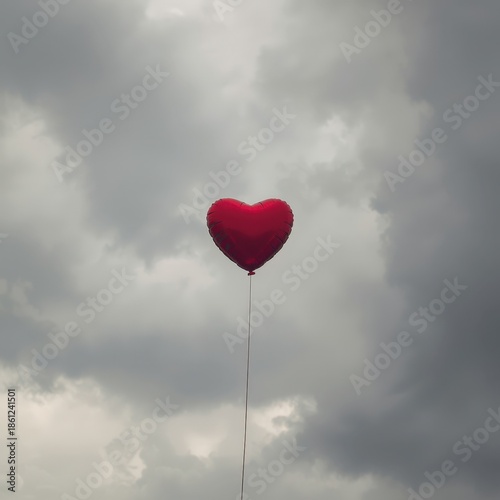 Single red heart shaped balloon floating high against a dramatic cloudy sky