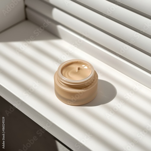 Luxurious Beige Cream Pot Illuminated By Blinds Sunlight Shadows