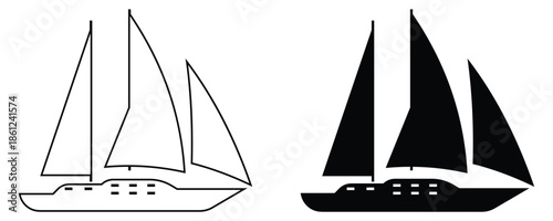 Sailboat Silhouette Vector Illustration, Maritime Ship Symbol on Water.