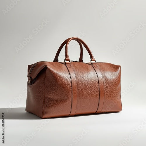 High quality brown pebble leather travel bag on white studio background