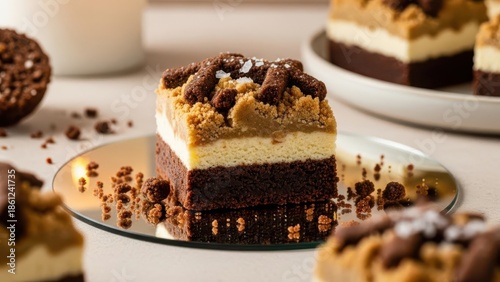 Wallpaper Mural Layered cheesecake brownie square with chocolate base, creamy filling, and crumble topping, served on a small mirror plate with scattered chocolate crumbs Torontodigital.ca