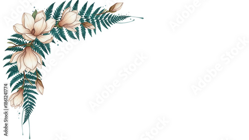 Luxury hand painted watercolor corner border with magnolia and fern in deep teal and beige isolated on white background