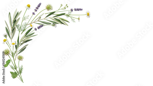 Soft minimal floral corner composition with wildflowers and olive branches in neutral sage green isolated on white background