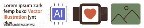 Technology, wearable devices, AI applications, connectivity, graphic design, data innovation. ion of an AI chip, smartwatch with heart and a mountain icon. Technology and AI applications focus