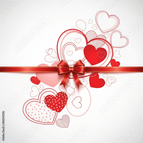 Beautiful red hearts with bow and ribbon on white background