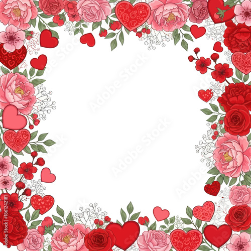 Romantic floral border with hearts for Valentine's Day or love themed designs