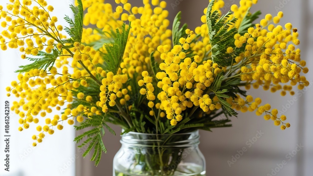 Obraz premium Yellow mimosa flowers in glass jar
