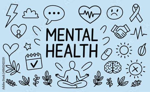 mental health doodle art, linear style vector illustrations for wellness, self-care, mindfulness, emotional balance, meditation, therapy sessions, stress management, relaxation practices, and personal