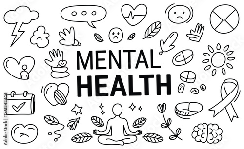 mental health doodle art, linear style vector illustrations for wellness, self-care, mindfulness, emotional balance, meditation, therapy sessions, stress management, relaxation practices, and personal