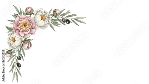 Luxury hand painted watercolor corner composition featuring peonies and olive branches in neutral tones isolated on white background