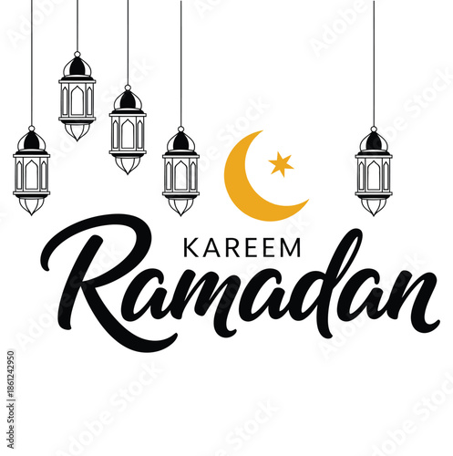 Elegant Ramadan Kareem Calligraphy with Festive Lanterns and Crescent Moon Design for Islamic Holy Month Celebrations and Greetings