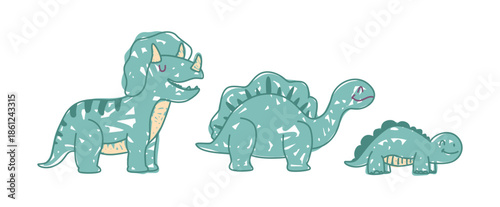 Cute Triceratops and Stegosaurus draw, set of dinosaurs with tail and big body mass. Vector isolated smiling wild animals or reptiles. Dino spinosaurus, cartoon characters of prehistorical fauna