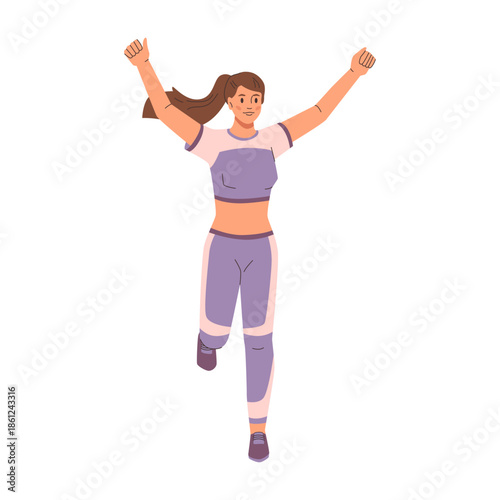 Sportive female character with victorious gesture, winner of championship. Vector in flat style, isolated marathon runner. Jogger lady in sports suit. Sprinter warming up and challenge