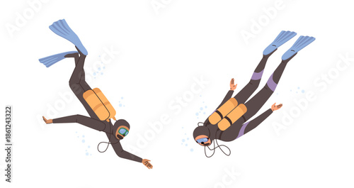 Snorkeling and scuba diving. Vector cartoon personages wearing swimming suits and fins, tanks with oxygen to breathe underwater. Leisure summer activity and active lifestyle by seaside