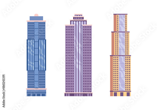 Cityscape of skyscraper building. Vector in flat style, isolated set of architectural constructions of high raises. Landmark with tall structure. City infrastructure, downtown and tourism