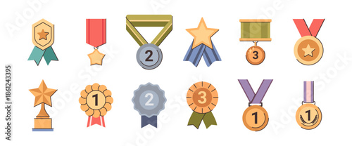 Gold, silver and bronze realistic trophy medals with ribbons, isolated winner award symbols. Vector metal reward badges, quality certificate and prize warrants for first place in competition contest