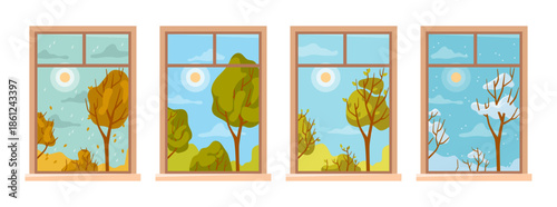 Window view during different seasons. Vector in flat style, isolated set of landscapes with park at winter and spring, summer and autumn. Snowfall and rainfall, sunny and gloomy weather