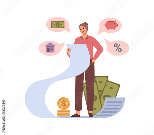 Small woman and long payment receipt or bill. Vector isolated female character managing personal expenses and incomes, shopping cheque from store. Thinking on ways to invest and save money