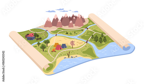 Wildlife reservation, isolated scroll of 3d map of terrains with rivers, mountains and forests. Vector hiking and outdoor planning for tourists and campers. Trails and elevation changes