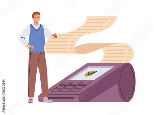 Bank employee with smiling facial expression completing online transaction. Vector happy banker holding receipt after completed payment of client. Protocols establishing fasten connections