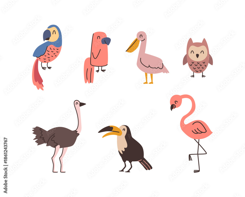 Fototapeta premium Birds cartoon characters for children, isolated tropical and exotic fauna and wilderness biodiversity of Earth. Vector flamingo, parrot and cockatoo, pelican and owl, ostrich and toucan