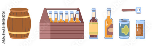 Beer production, isolated barrel and opener, wooden crate with alcoholic beverages. Vector handcrafted brews made of wheat and hopsin glass and metal bottles. Tasty drinks in pub or bar assortment