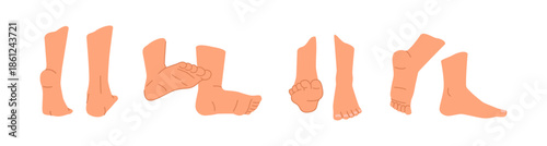 Bare human legs with ankles and fingers. Vector isolated set of man and woman feet pairs arranged in different poses. Front, side and back view. Foot icons. Spa salon or massage treatment