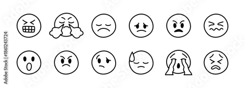 Emotions negative monochrome style set. Vector unpleasant characters with grayscale faces. Grimacing and steam from nose, sad but relieved, loudly crying and downcast icons