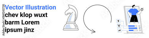 Business strategy, personal branding, digital transformation, decision-making, gamification, leadership. A chess knight, an arrow and a figure on a mobile interface change. Business strategy