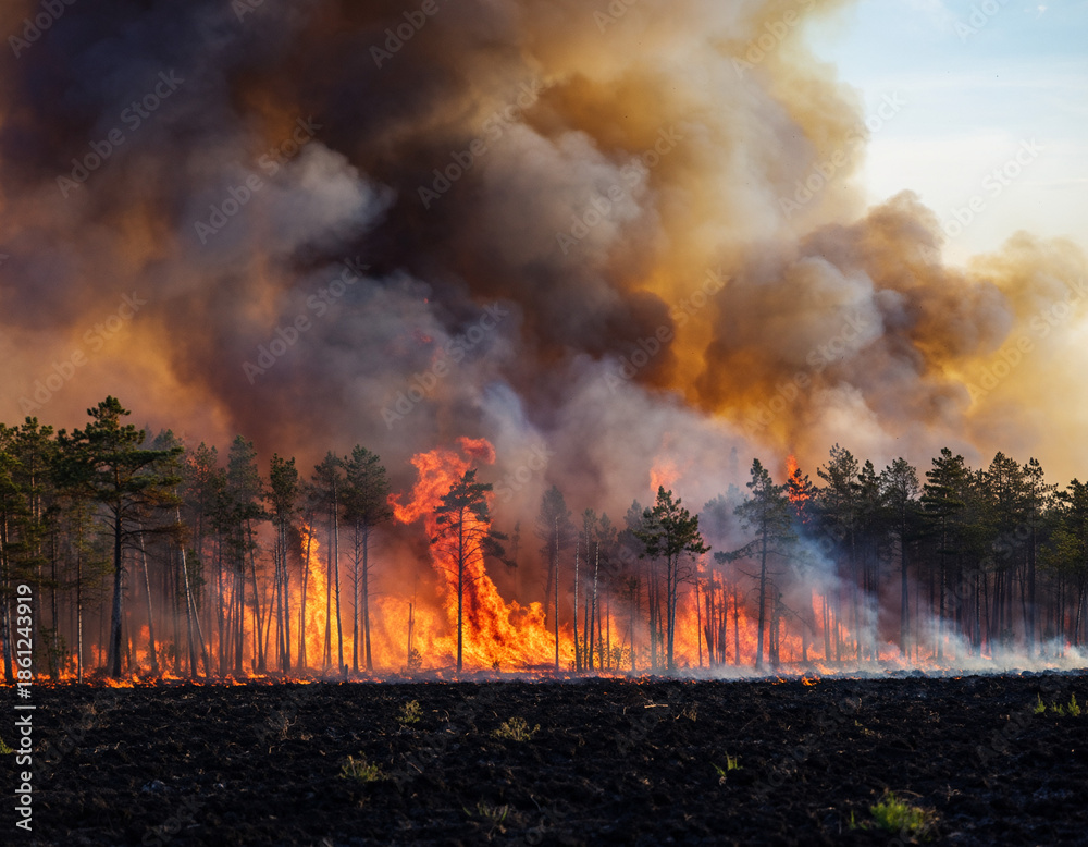 Obraz premium Forest wildfire scene, large flames spreading through dense forest, dramatic smoke-filled sky, environmental education concept, realistic photography style, high resolution