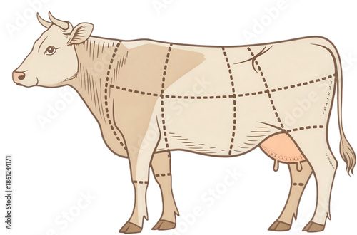 Illustration of a cow meat cut diagram showing different beef sections for butchery with labeled partition lines