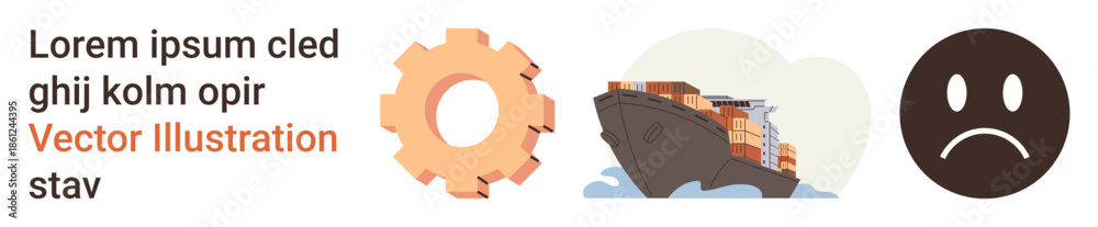 Fototapeta premium Shipping and logistics, problem-solving, process efficiency, industrial challenges, maritime transportation, operational issues. Gear, cargo ship and frowning face symbols. Shipping and logistics