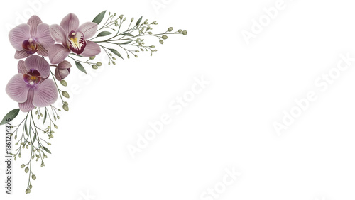 Luxury minimal floral corner border with orchids and delicate foliage in a muted mauve color isolated on white background