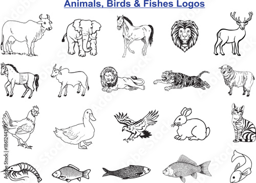 Animals Birds and Fish Line Art Logos | Hand Drawn Wildlife Vector Set
